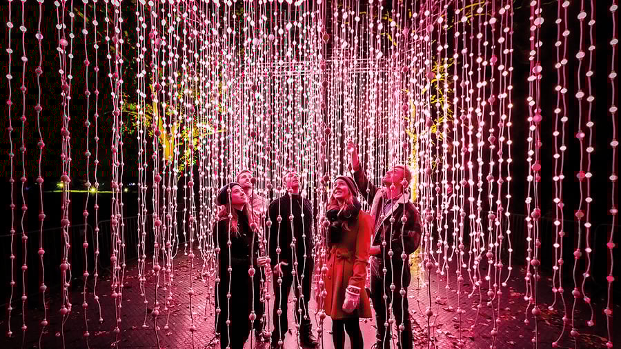 Family with string lights